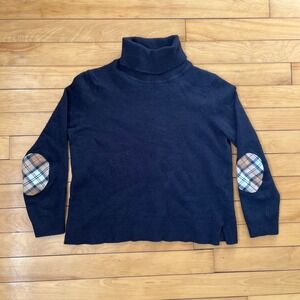 Barbour Pendle Roll Collar Navy Wool Blend Sweater Plaid Elbow Patches